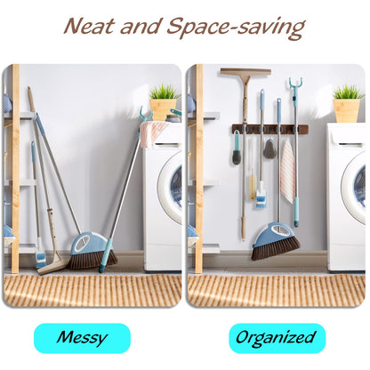 OUTNILI Mop and Broom Holder Wall Mount - Rustic Wood Broom Mop Hanger - Wall Mounted Garden Tool Rack Organizer for Closet Garage Laundry Room Kitchen Decor With 4 Slots & 4 Hooks