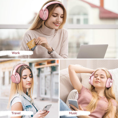 AUSDOM E7 Bluetooth 5.0 Active Noise Cancelling Headphones, Wireless Over Ear ANC with Microphone, Hi-Fi Stereo Sound, 50H Playtime, Comfortable Earpads for Travel Work TV Phones, Rose Gold