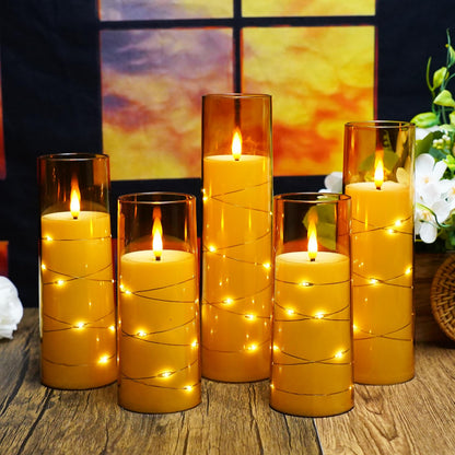 kakoya Flameless LED Candles with Timer 5 Pc Flickering Flameless Candles for Romantic Ambiance and Home Decoration Stable Acrylic Shell,with Embedded Star String，Battery Operated Candles（Gold）
