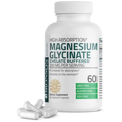 Bronson Magnesium Glycinate 200 MG per Serving Chelated for High Absorption, Gentle On Stomach, Non-GMO, 60 Vegetarian Capsules