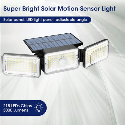 Solar Lights Outdoor Waterproof, Motion Sensor & Flood Outdoor Lights with Remote Control, 4 Adjustable Modes, 3000LM & 218 LED, High-Energy-Density Solar Panel-Monocrystalline Technology, 2 Pack