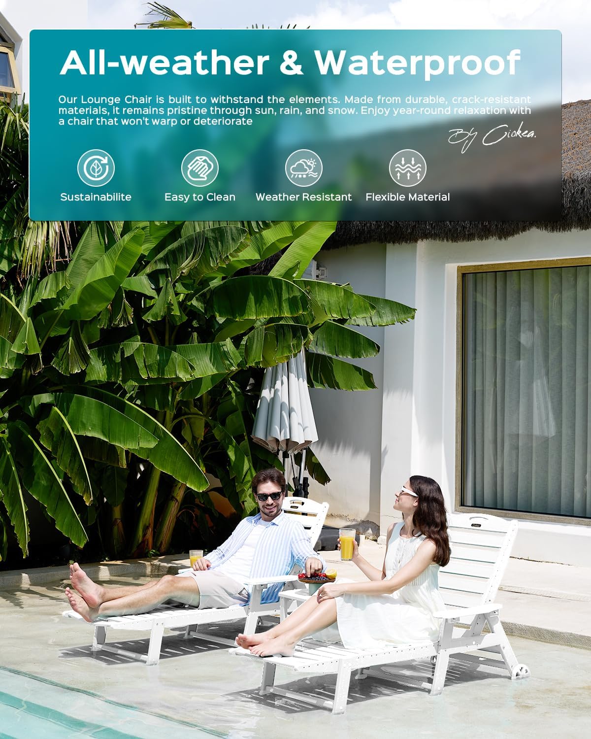 Outdoor Chaise Lounge Chair Set of 2, Patio Lounge Chairs for Outside, HDPE Lounge Chairs with Wheels & Cup Holder, Poly Lounge Chair with 5 Position for Poolside, Deck, White