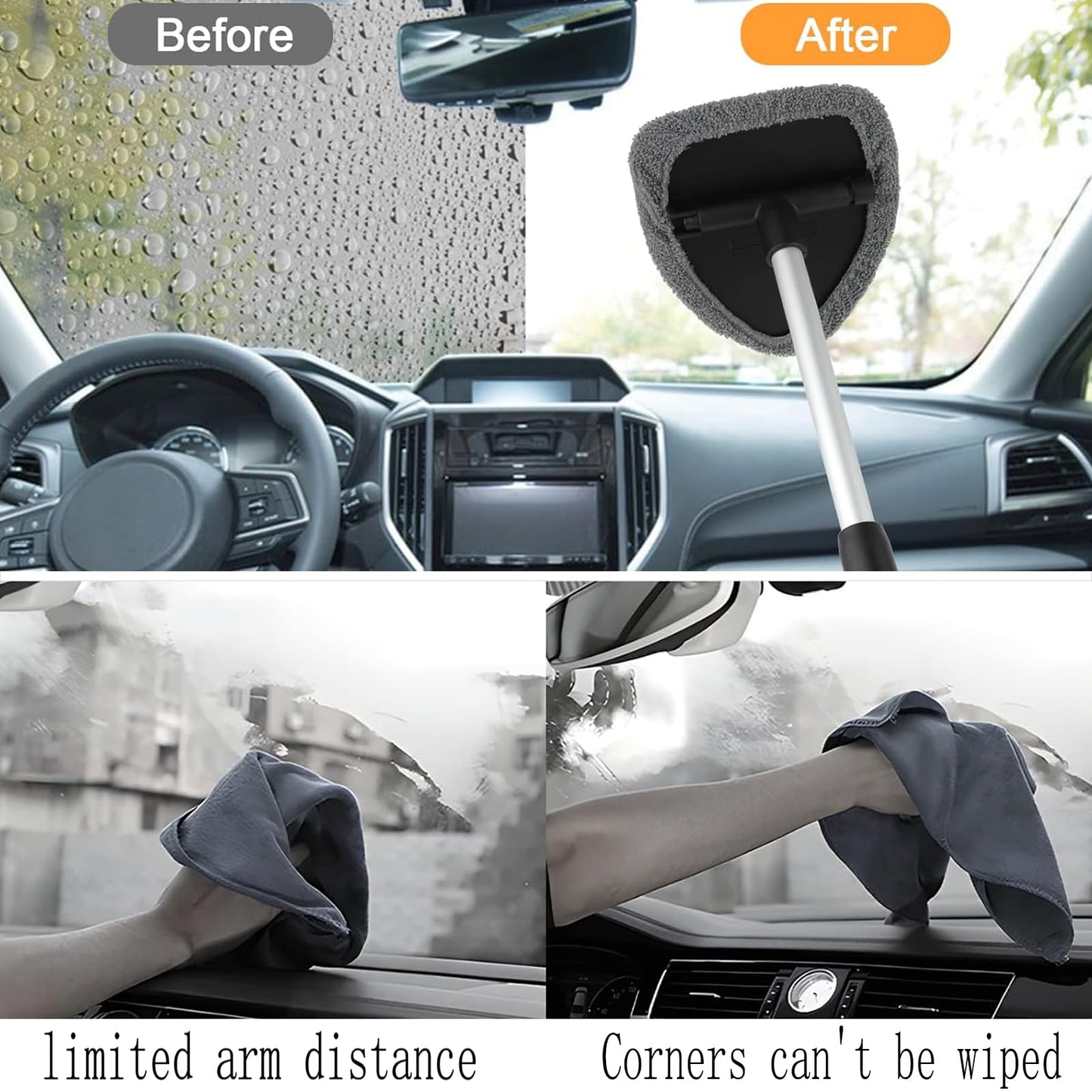 Windshield Cleaner Tool with Rotating Extendable Handle, 4 Reusable Microfiber Pads, Aluminum Window Cleaning Wand for Car Interior, Auto Glass, RV, Truck, with 30ml Spray Bottle