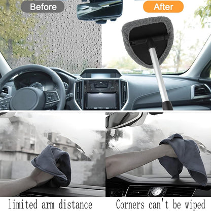 Windshield Cleaner Tool with Rotating Extendable Handle, 4 Reusable Microfiber Pads, Aluminum Window Cleaning Wand for Car Interior, Auto Glass, RV, Truck, with 30ml Spray Bottle