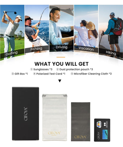 CIFOYA Polarized Sunglasses for Men Women, Square Sun Glasses for Driving Fishing Golf Lightweight Fashion Square Sun Glasses 100% UV400 Protection 3 Packs (Black/Ice Blue/Orange)