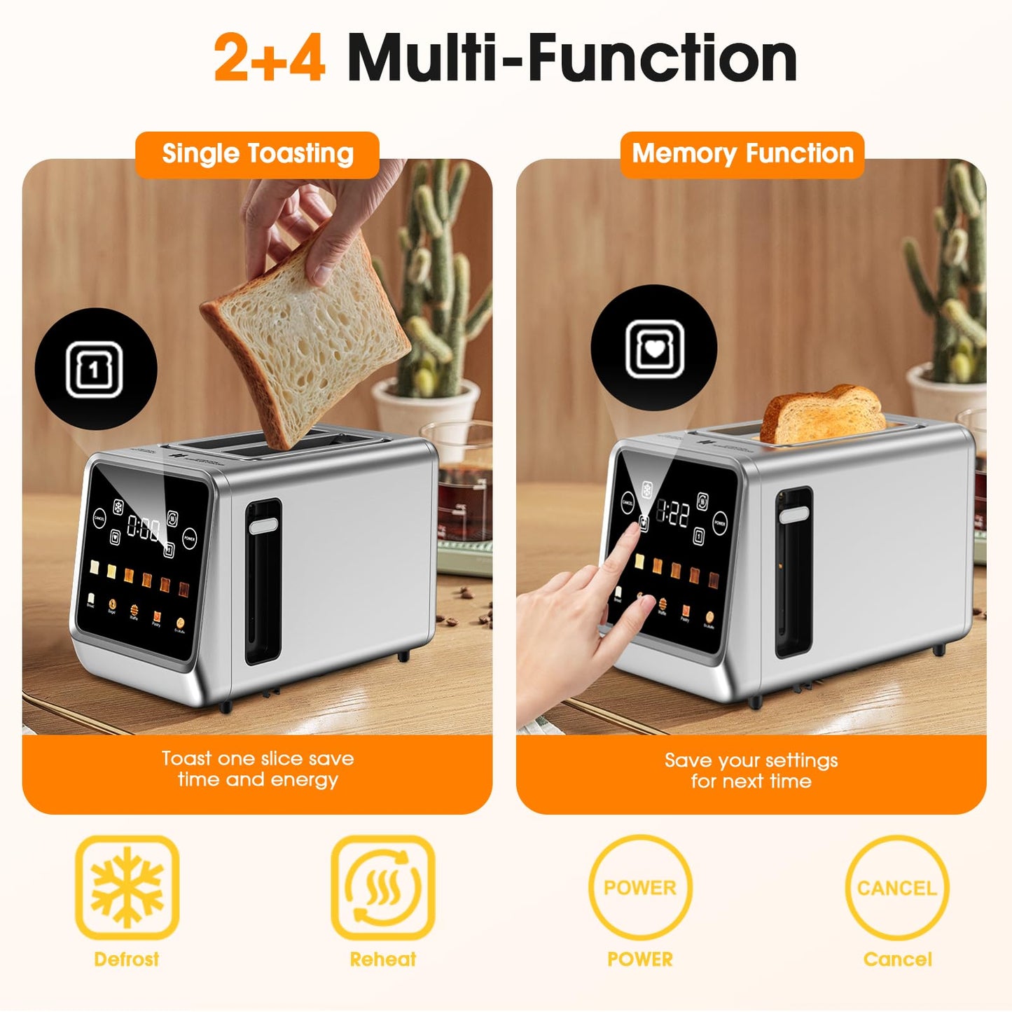 PSIIDAN Touch Screen Toaster 2 Slice, Stainless Steel Smart Digital Toasters with Single Slot Toasting, Memory Function, 5 Bread Types & 6 Shade Settings, 1.5" Toasters 2 Slice Wide Slot, 900W