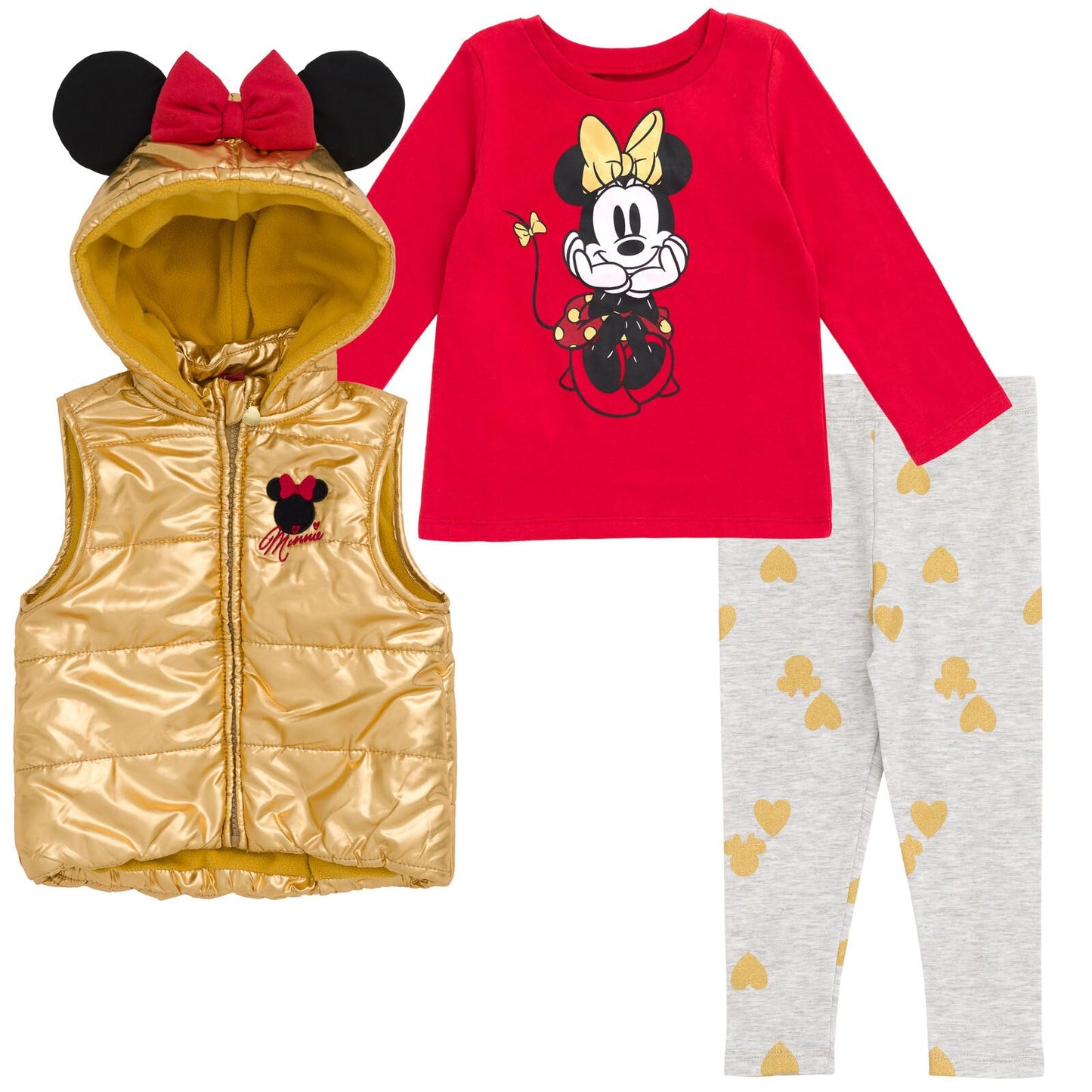 Disney Minnie Mouse Toddler Girls Zip Up Vest Puffer T-Shirt and Leggings 3 Piece Outfit Set Red/Yellow 5T