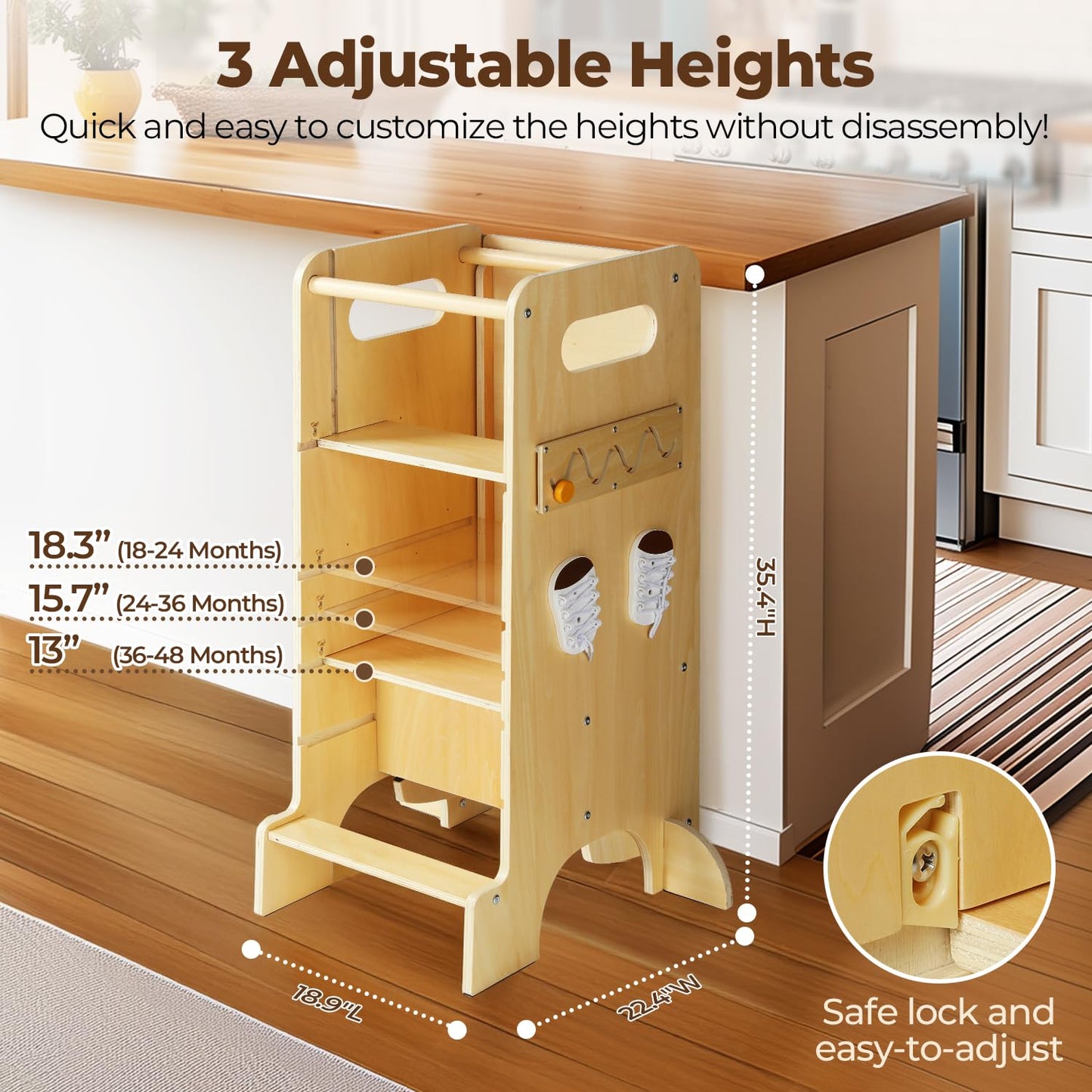 JUZBOT Toddler Tower 4 in 1 Toddler Kitchen Stool Helper Adjustable Standing Tower for Kitchen Counter with Safety Board, Slide, Chalkboard, Montessori Activities