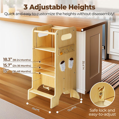 JUZBOT Toddler Tower 4 in 1 Toddler Kitchen Stool Helper Adjustable Standing Tower for Kitchen Counter with Safety Board, Slide, Chalkboard, Montessori Activities