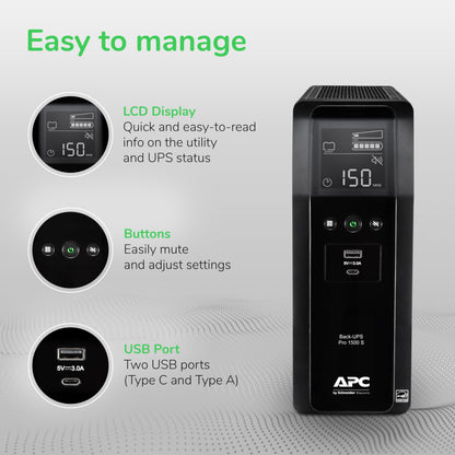 APC UPS Back-UPS Pro 1500VA Sinewave UPS, 900W Battery Backup & Surge Protector, AVR, 10 Outlets, LCD, USB-C & USB-A Charging Ports, BR1500MS2 Uninterruptible Power Supply for Computers, Electronics