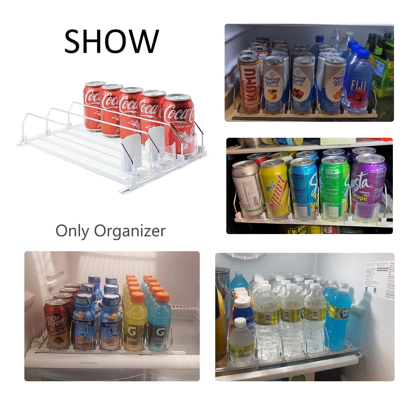 Drink Organizer for Fridge-White Automatic Pusher Glide,12oz 16oz 20oz-Soda Dispenser for Fridge-Holds up to 15 Cans