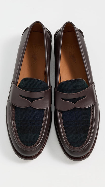 POLO RALPH LAUREN Men's Plaid Penny Loafers, Dark Brown/Blackwatch, 11.5 Medium US