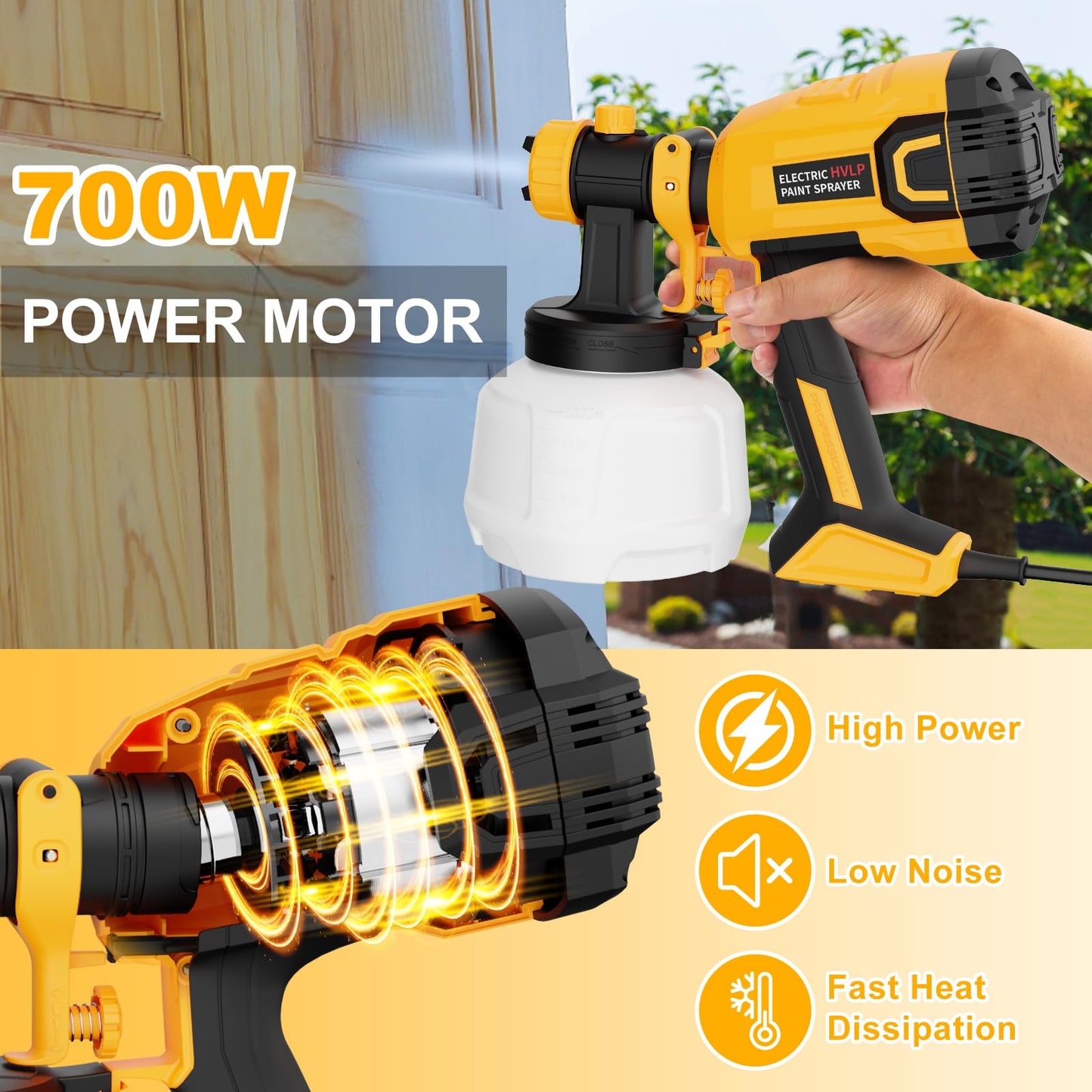 Paint Sprayer 700W HVLP High Power Electric Spray Paint Gun with Adjustable Spray Width Knob, 40 Fl Oz Container, 4 Nozzles & 3 Patterns, Easy to Clean, for Furniture, House, Fence, Walls, Etc.