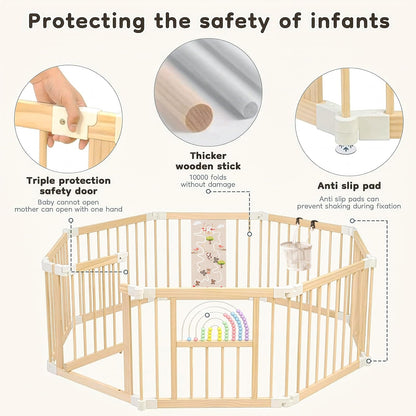Ulnxiy Foldable Wooden Baby Playpen Activity Center,Adjustable Size & Shape Portable Play Yard, Baby Fence Play Area with Gate for Indoor Use for Babies and Toddlers(56x56x24inches)
