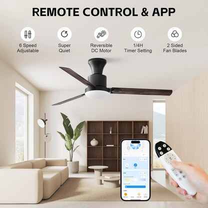Obabala Ceiling Fans with Lights, 42 inch Flush Mount Ceiling Fan with Light and Remote Control & APP Reversible Dimmable Noiseless Ceiling Fan for Bedroom Indoor/Outdoor