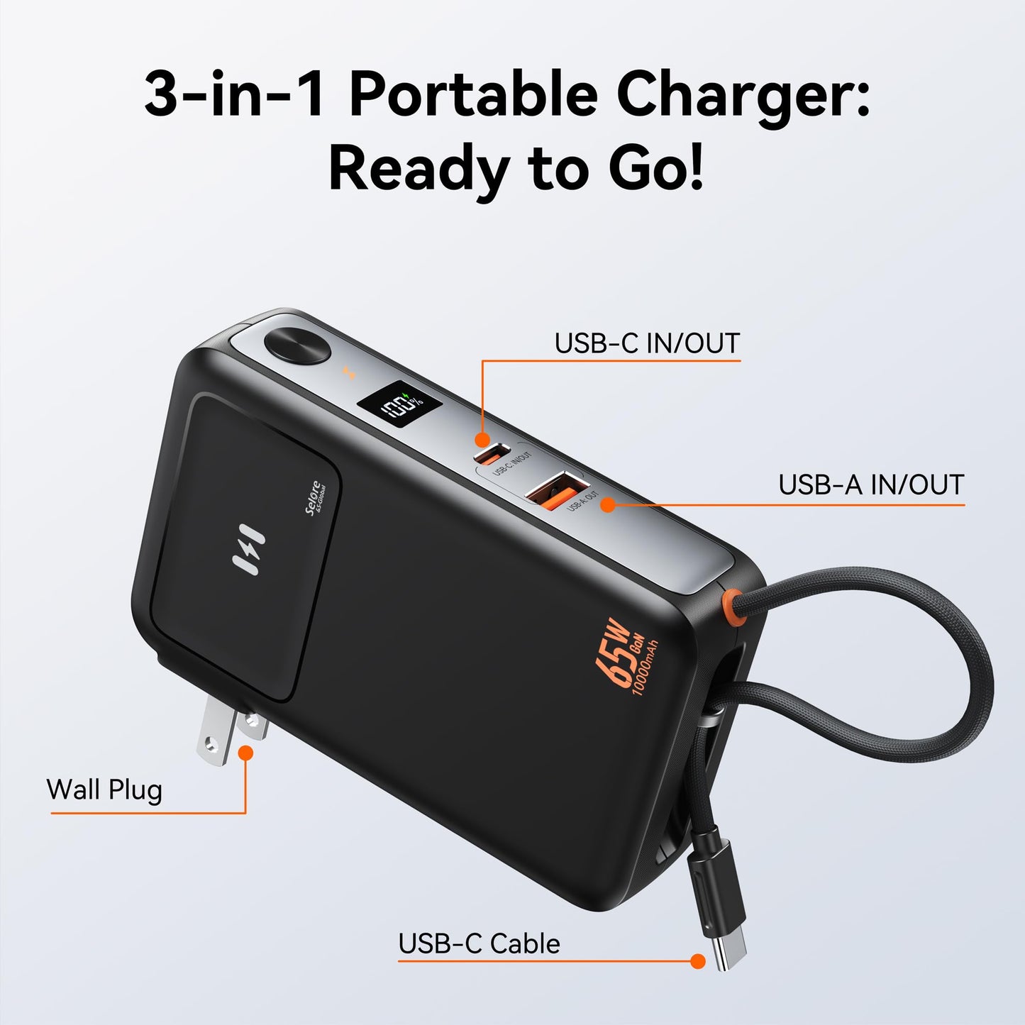 3 in 1 Portable Phone Charger 10000mAh, 35W Power Bank Wall Plug With Built in USB C Cable, 65W GaN Wall Charger for Laptop MacBook, Travel Battery Pack for iPhone Samsung Android Smartphone