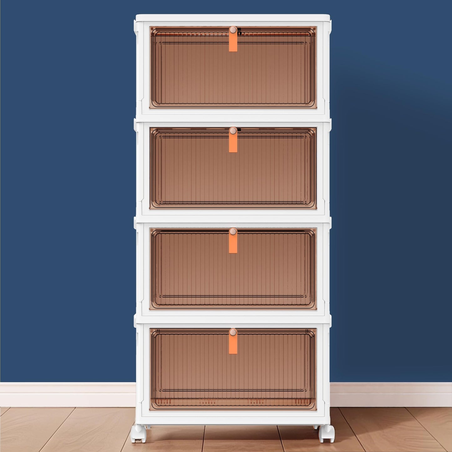 4 Tier Plastic Storage Bins and Boxes Organizer - Stackable with Lids for Bedroom, Living Room, Kitchen, Office - Foldable Containers