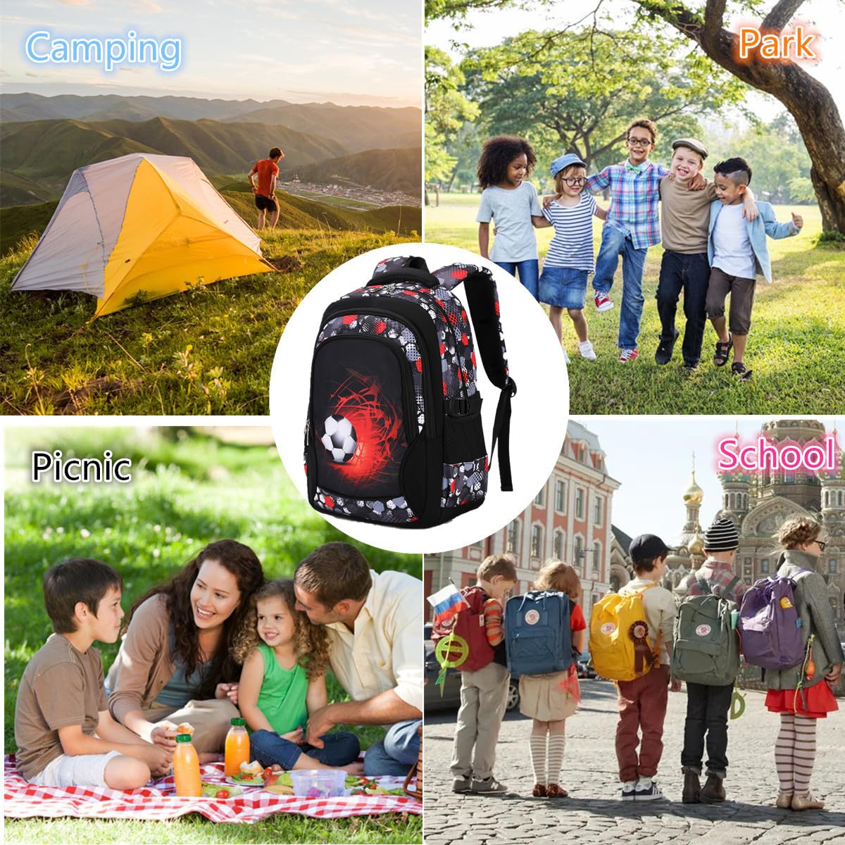Yvechus Camo Backpack for Kids, Lightweight Camo Backpack Elementary Middle School Backpack Water Repellent Bookbag (Soccer Red 2 in 1)