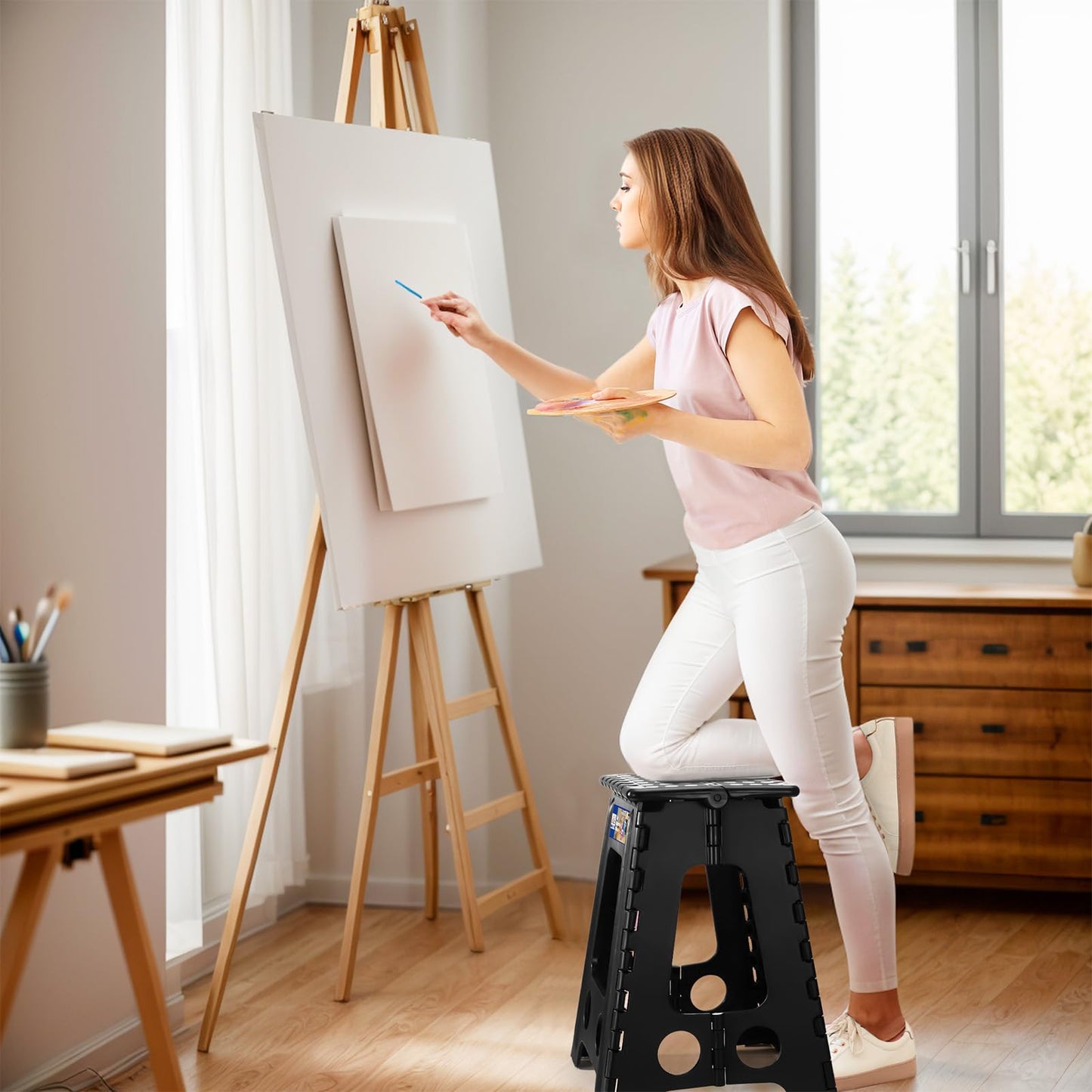 ACKO Folding Step Stool Foldable 16 Inch 400 lbs Capacity, Plastic Stools for Adults and Kids, Collapsible Stools for Kitchen, Stepping Stool with Handle, Black, 1 PC