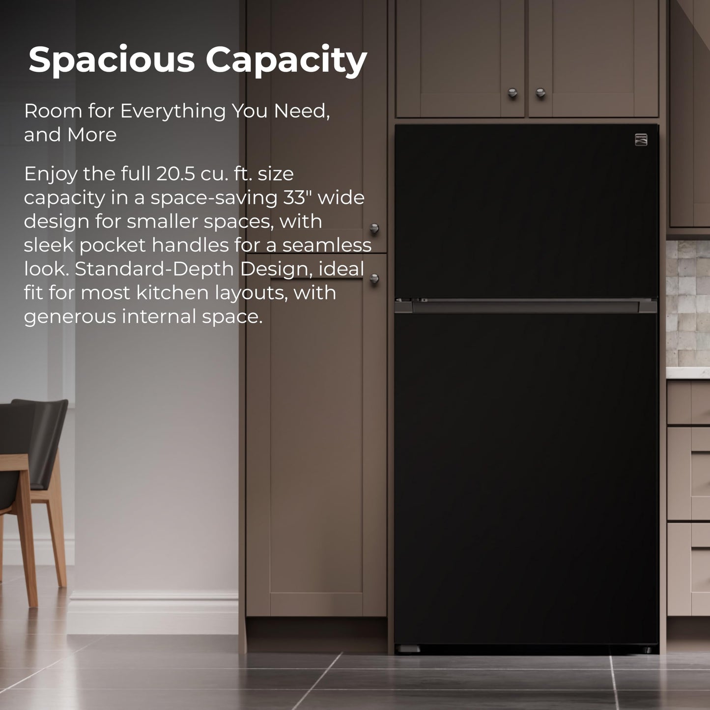 Kenmore 33" Top Mount Refrigerator with Freezer - Adjustable Shelving, Humidity-Controlled Crispers, Optional Ice Maker, LED Lighting, ENERGY STAR Certified, 20.5 cu. ft. Capacity - Black