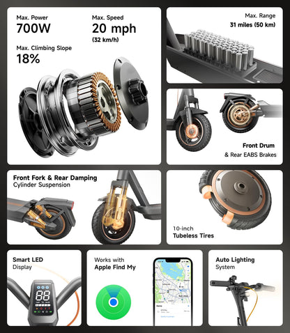 NAVEE GT3 Electric-Scooter-Adults, e Scooter, Fast 20 Mph, 700w 500w Motor with Suspension, Long Range 30 Miles, 10 inch Tires All Terrain, Foldable for Commuter Men Adult Teens Students Heavy Duty