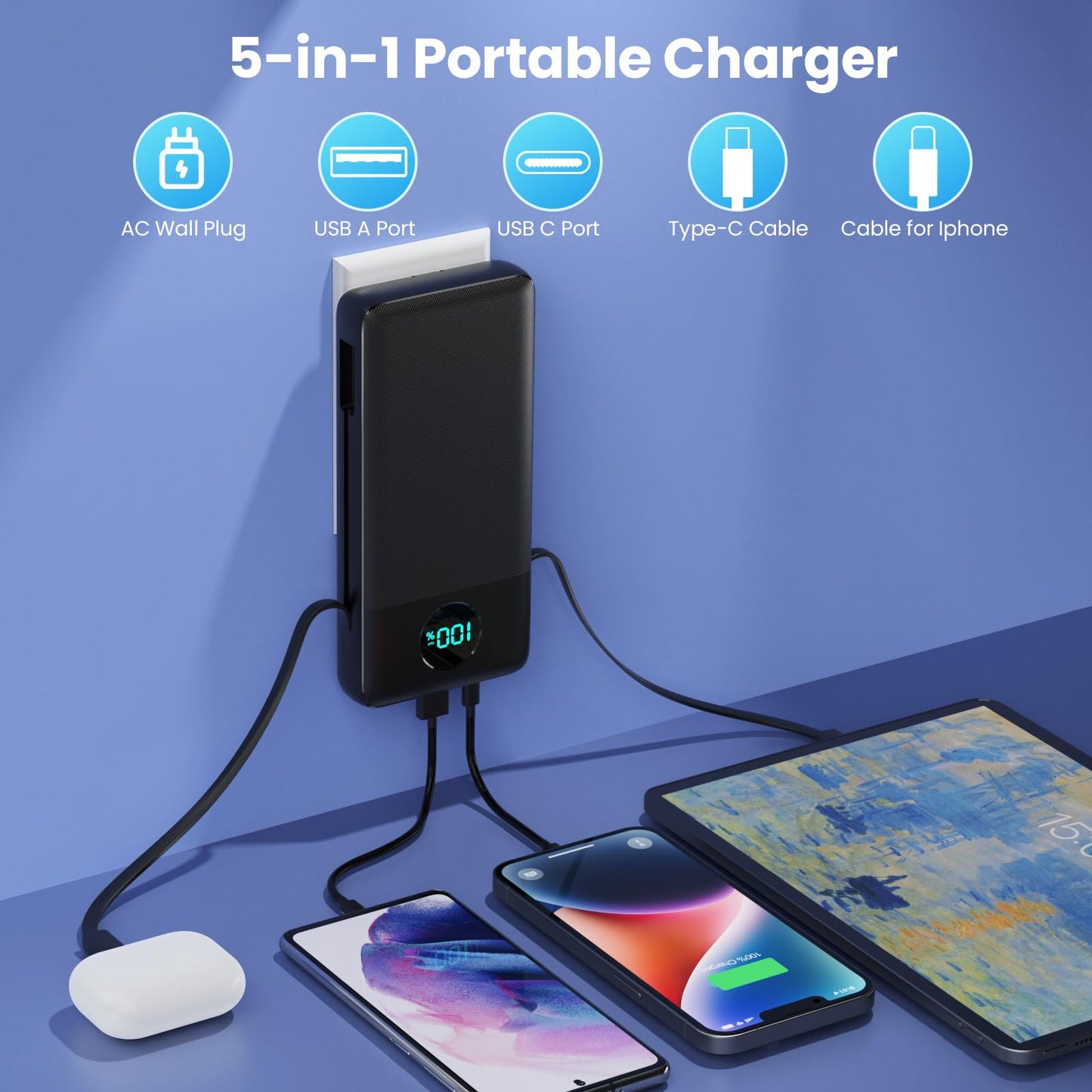 Portable Charger 33800mAh USB C Power Bank with Built-in Cables & AC Wall Plug,25W Fast Charging+QC 4.0 Phone Charger,4 Output LCD Display Battery Pack Compatible with iPhone16/15,Samsung,Android etc