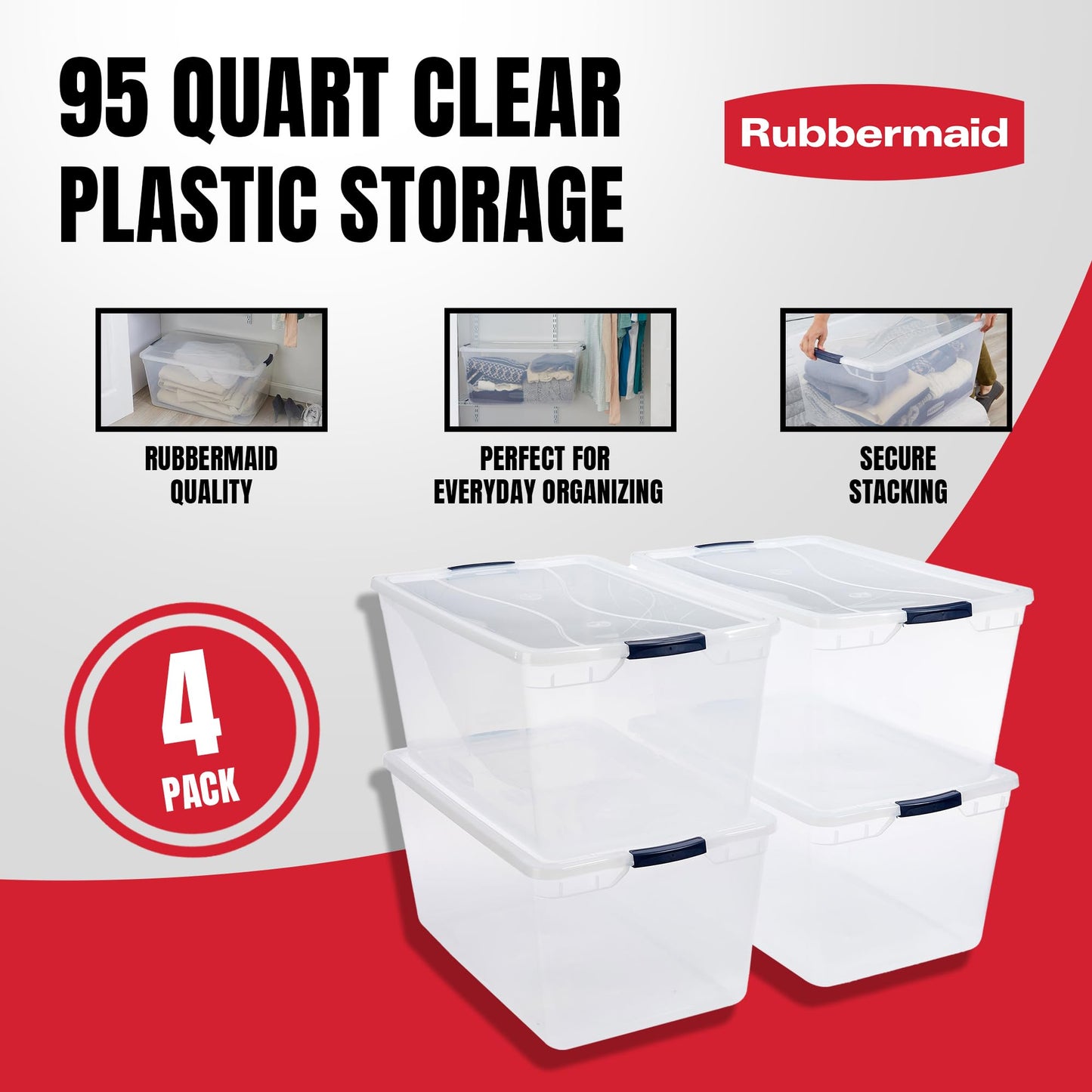 Rubbermaid Cleverstore 95 Qt Clear Storage Bins with Latching Lids, 4-Pack, Stackable, BPA-Free, Made in USA