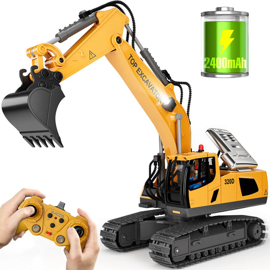Remote Control Excavator Construction Toys for Boys, 2×1200mAh RC Construction Truck with Metal Shovel & Light, 11CH Excavator Toys for Boys 3-5 4-7 8-12 Year Old Kids Christmas Birthday Gift,120+Mins