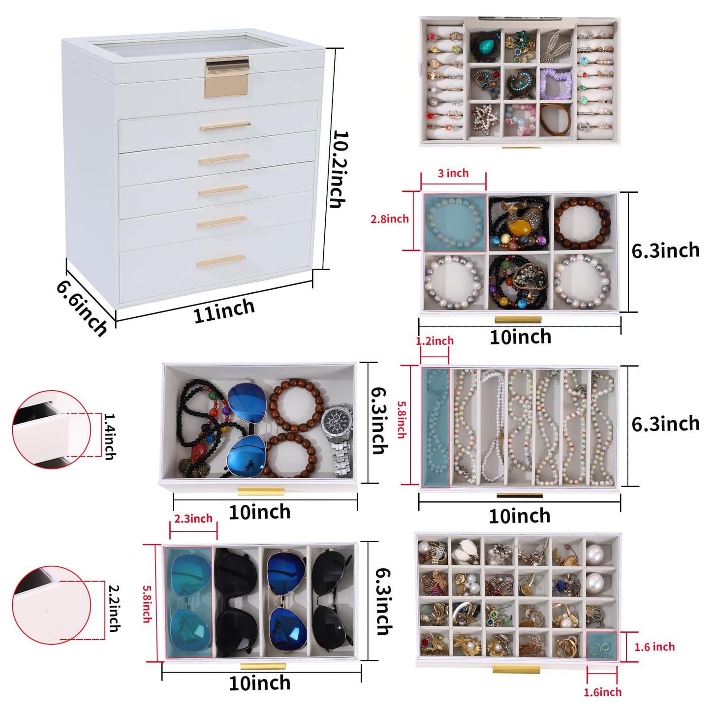 BOOVO Jewelry Boxes for Women, White and Black 6 Layer Large Jewelry Box for Necklace, Bracelet, Earrings, Rings Storage, Jewelry holder Organizer for Girls Gift (Clear White, 6 layer)
