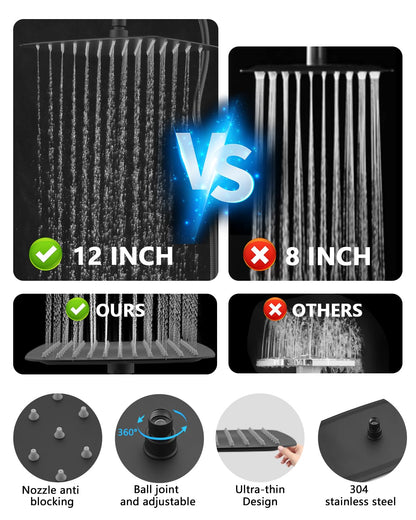 PDPBATH Rainfall Shower Head with Handheld Spray Combo, All Metal 12 Inch High Pressure Rain Showerhead with 16" Adjustable Curved Arm Build-in 3-way Diverter, Matte Black