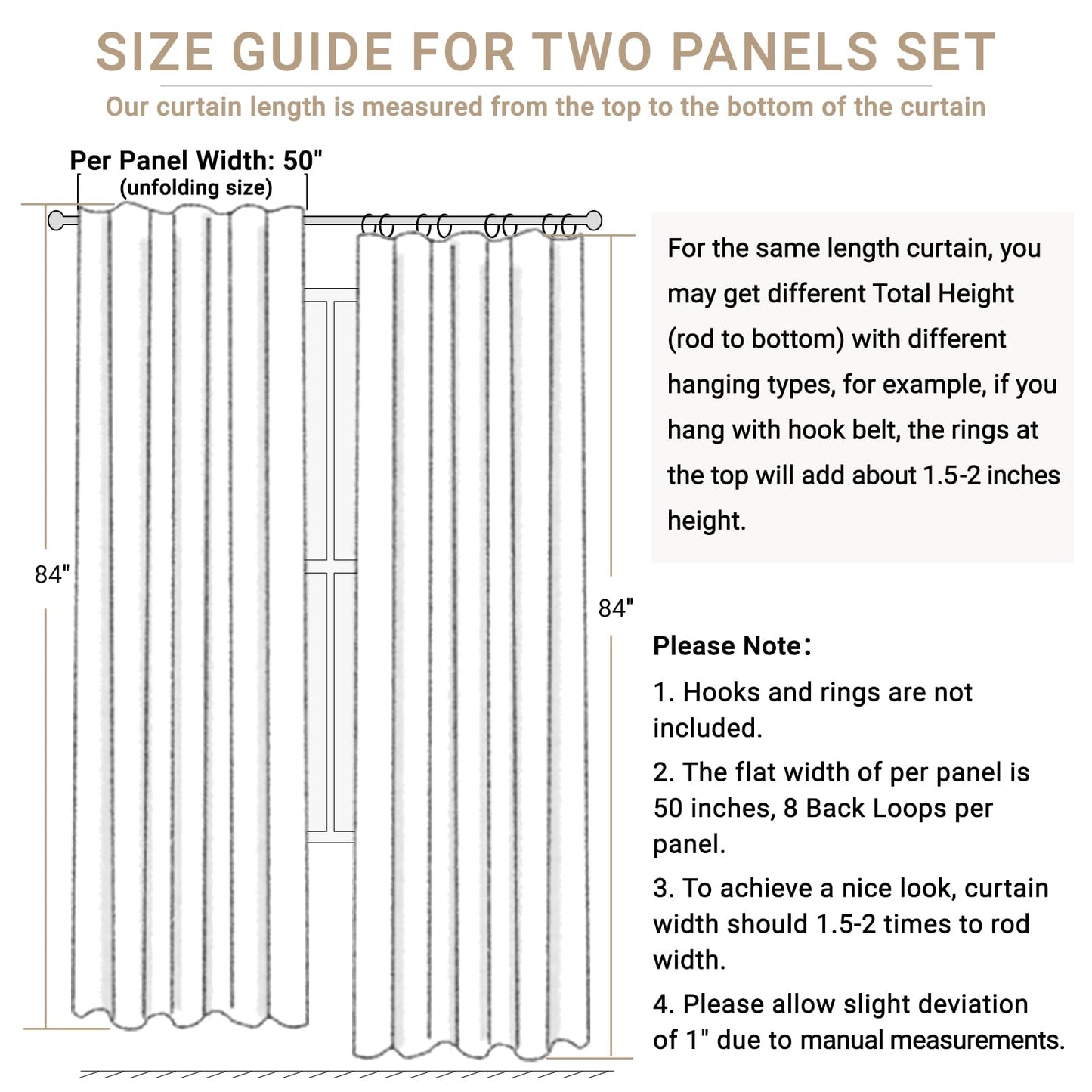 100% Blackout Shield Linen Blackout Curtains for Bedroom 84 Inches Long, Back Tab/Rod Pocket Living Room Drapes, Thermal Insulated Blackout Curtains 2 Panels Set, 50" W x 84" L, Cream