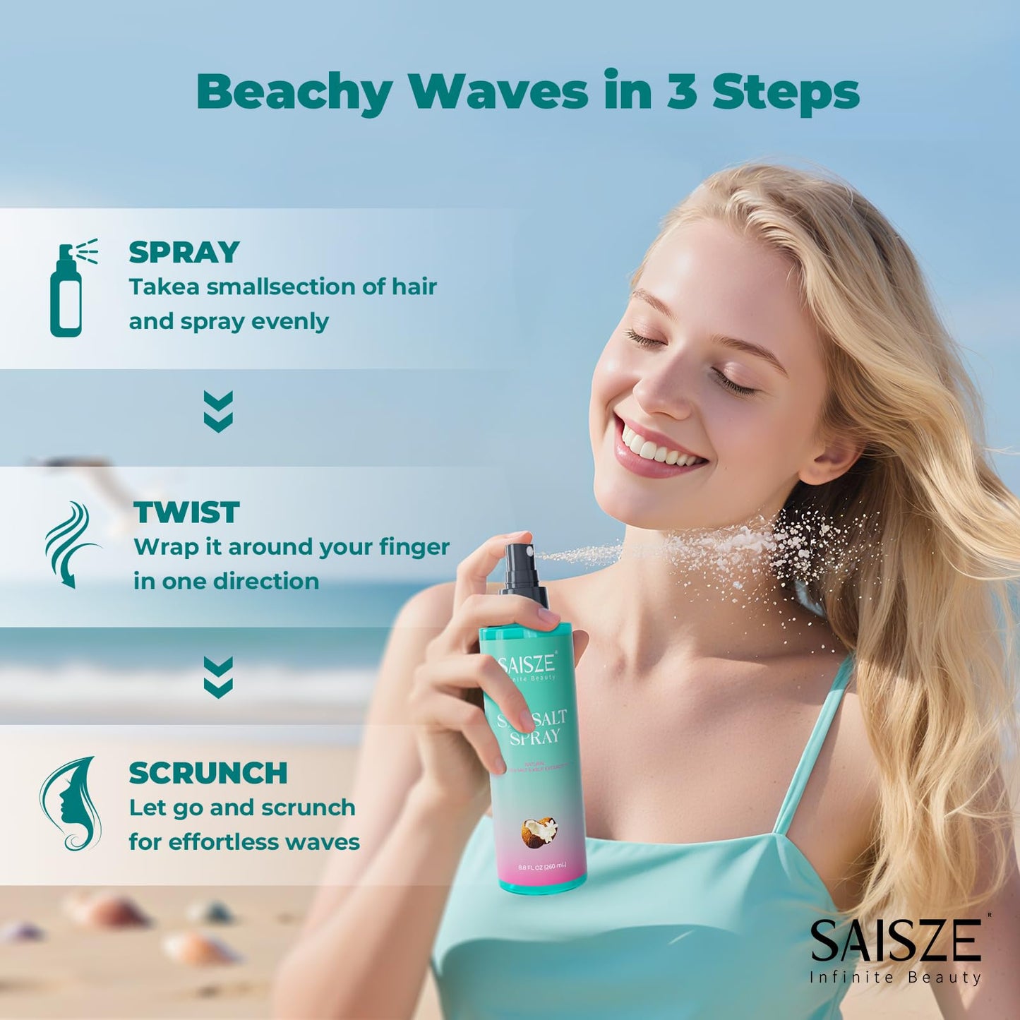 SAISZE Sea Salt Spray for Women and Men, Travel Essentials, Beach Vacation Essentials, Coconut Volumizing Salt Water Spray, Effortlessly Achieve Beach, Wavy and Curly Hair, 8.8 oz