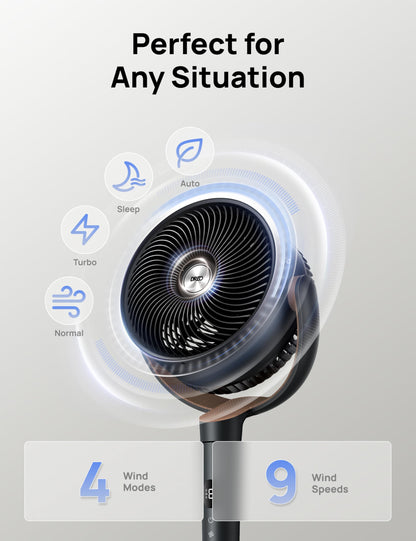 Dreo Fan for Bedroom, 120° Oscillating Standing Fan, Quiet Floor Fan with DC Motor, Pedestal Fan for Room, 9 Speeds, 4 modes, 20dB, 120° Manual Vertical, 37-42" Adjustable Height, 9H Timer, Black