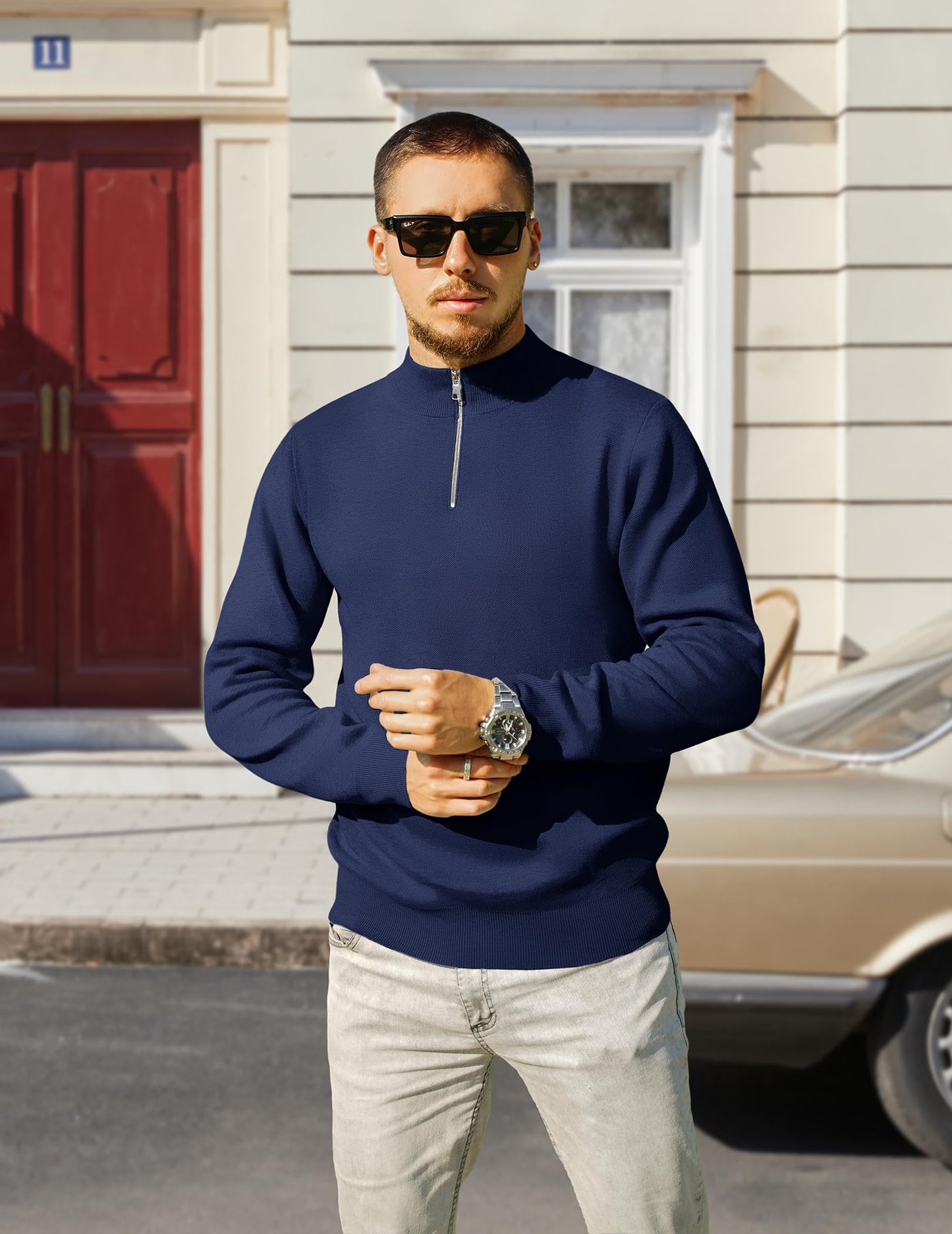 COOFANDY Mens Half Zip Sweaters Slim Fit Long Sleeve Texture Knitted Pullover Sweaters with Zipper Navy Blue XX-Large