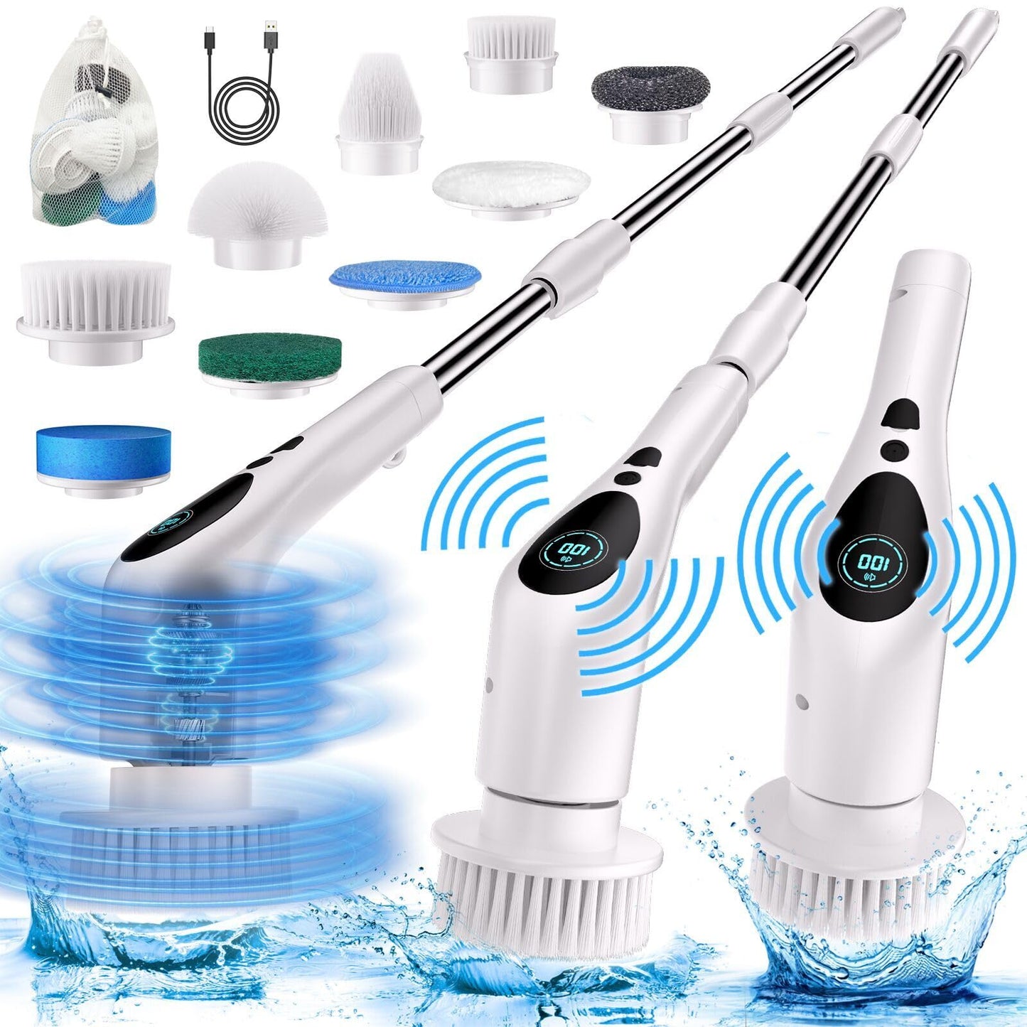 Electric Spin Scrubber, Electric Spin Cordless Tub and Tile Scrubber with Voice Broadcasting 3 Speed 9 Replaceable Clean Heads Power Spin Scrubbers