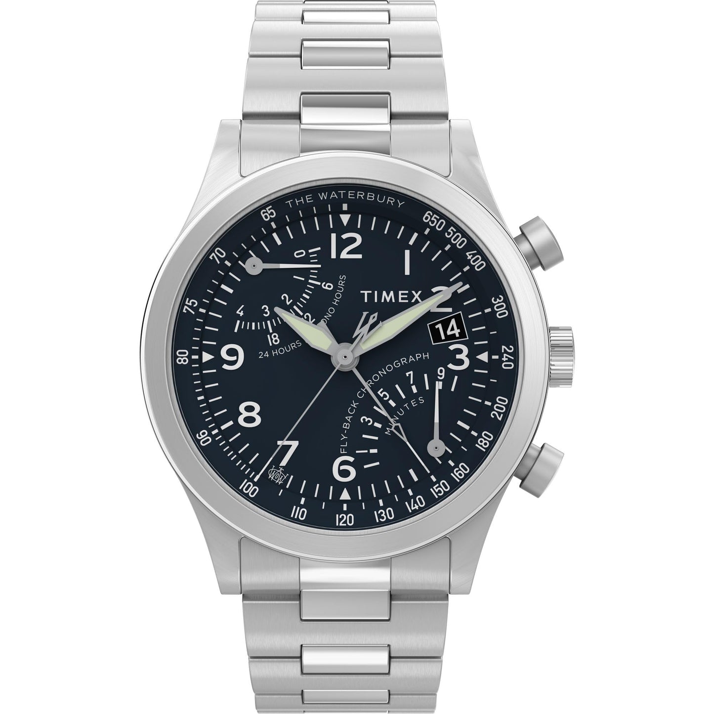 Timex Men's Waterbury Traditional Fly Back Chronograph 43mm Watch - Stainless Steel Bracelet Blue Dial Stainless Steel Case