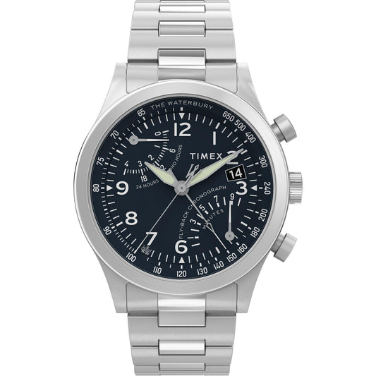 Timex Men's Waterbury Traditional Fly Back Chronograph 43mm Watch - Stainless Steel Bracelet Blue Dial Stainless Steel Case