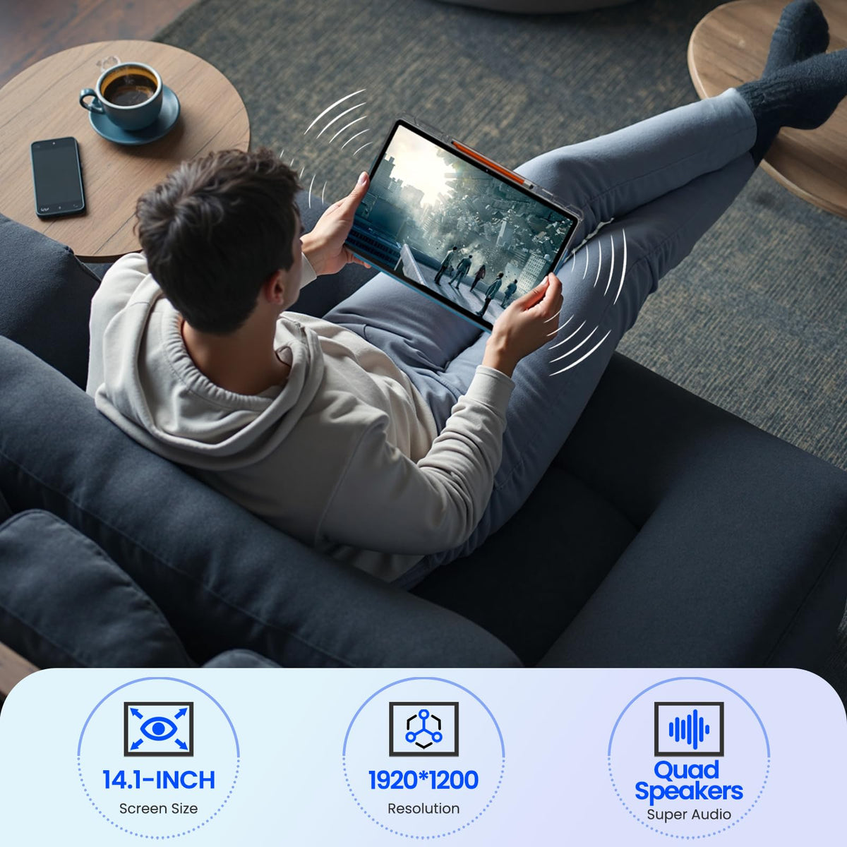14 inch Large Screen Tablet, Android 15 Tablet 16GB RAM 256GB ROM, 1920*1200 IPS FHD Display, Widevine L1, 10000mAh 18W Charging, Wi-Fi & Bluetooth, 4G LTE, with Stand Case & Stylus, 2-Year Protection