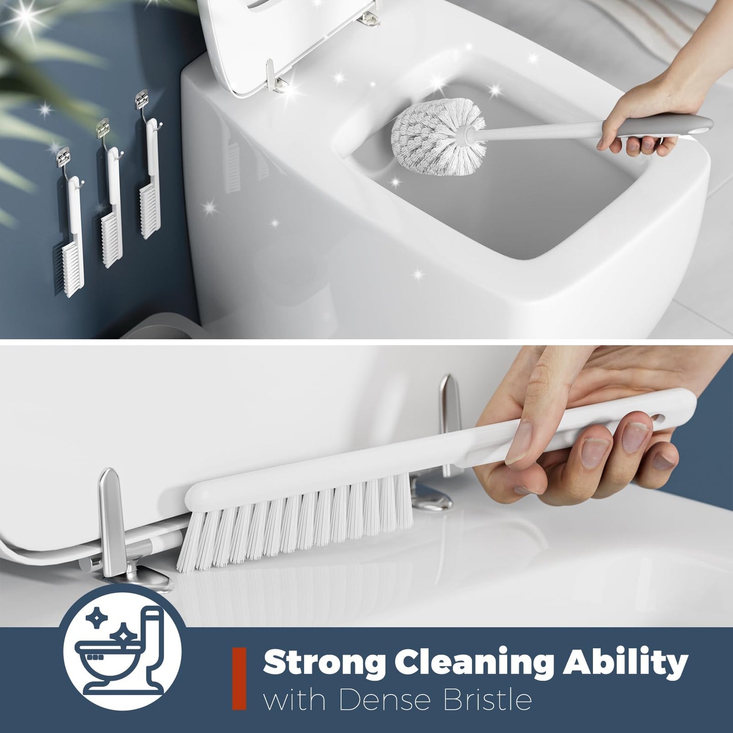 Holaloha Toilet Brush, 3 Pack Toilet Brush and Holder Set Bathroom Accessories, Toilet Bowl Brush and Holder with 3 Crevice Brush for Bathroom, Toilet Scrubber Brush (White)