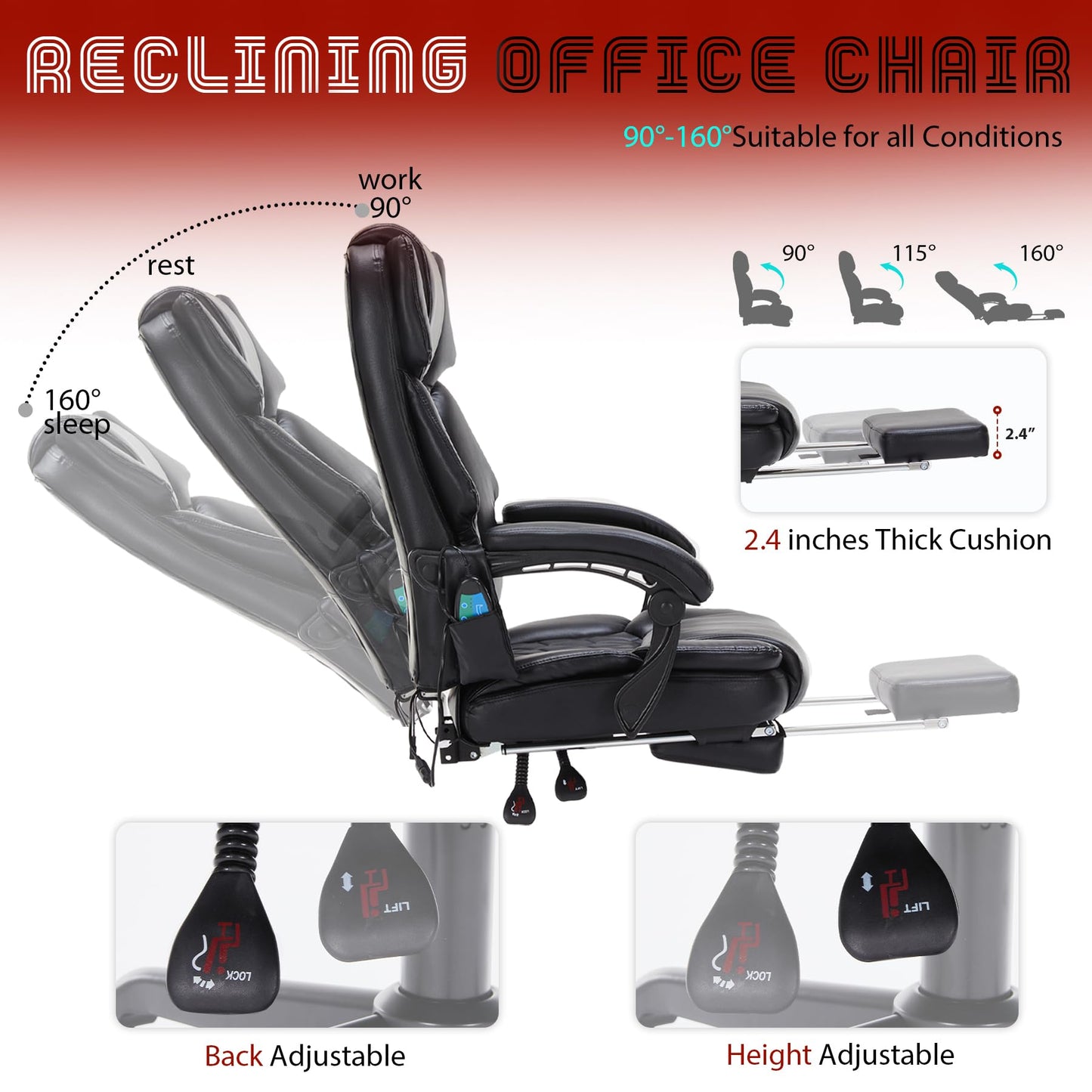Massage Office Chair with Foot Rest 6 Points Vibration and Heat Home Office Desk Chairs for Heavy People 400lbs Reclining Managerial Chairs Ergonomic Executive Chair (Black)
