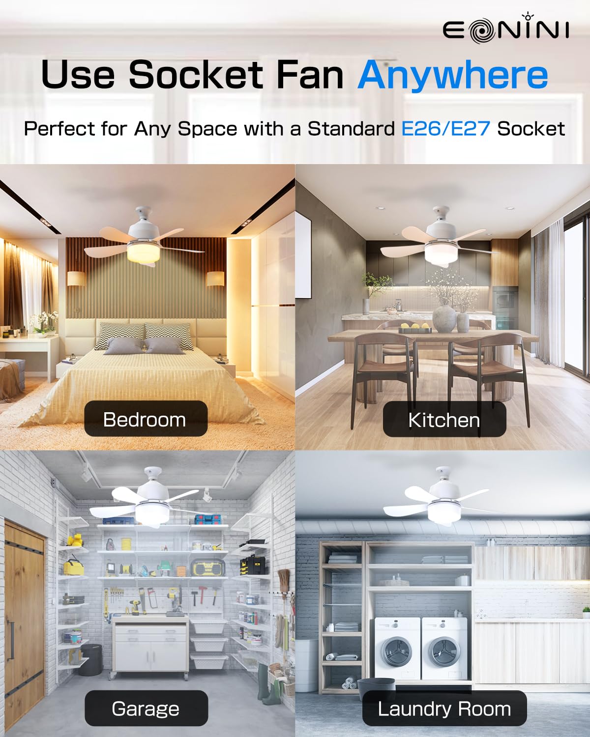 Eonini 2-in-1 Socket Fan Light with Remote, Small Ceiling Fans with Lights, 3 Colors Dimmable LED Light Bulb Fan, 1000LM, Easy Install Screw-in E26 Base for Bedroom Kitchen Garage Living Room