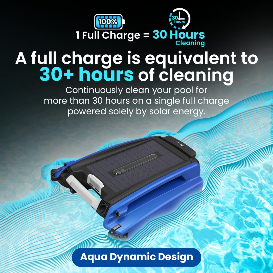 Betta SE Solar Powered Automatic Robotic Pool Skimmer Cleaner with 30-Hour Continuous Cleaning Battery Power and Re-engineered Twin Salt Chlorine Tolerant Motors (Blue)