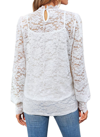 DOROSE Womens Lace Floral Tops Puff Sleeve Mock Neck Blouses White S