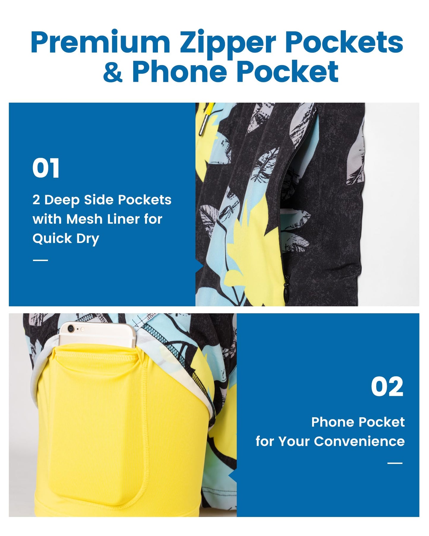 maamgic Mens Swim Trunks with Compression Liner 5" Stretch Athletic Swimming Shorts Quick Dry with Zipper Pockets No-Chafing Board Shorts Black-Blue Lotus Medium