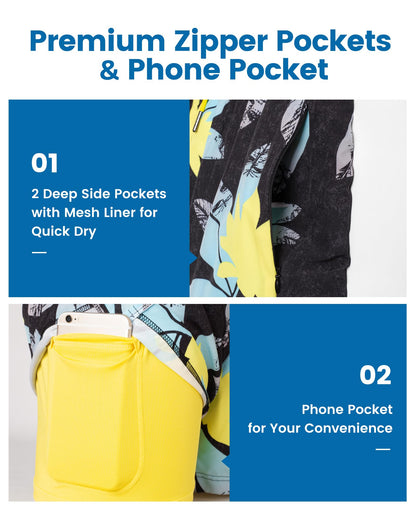 maamgic Mens Swim Trunks with Compression Liner 5" Stretch Athletic Swimming Shorts Quick Dry with Zipper Pockets No-Chafing Board Shorts Black-Blue Lotus Medium