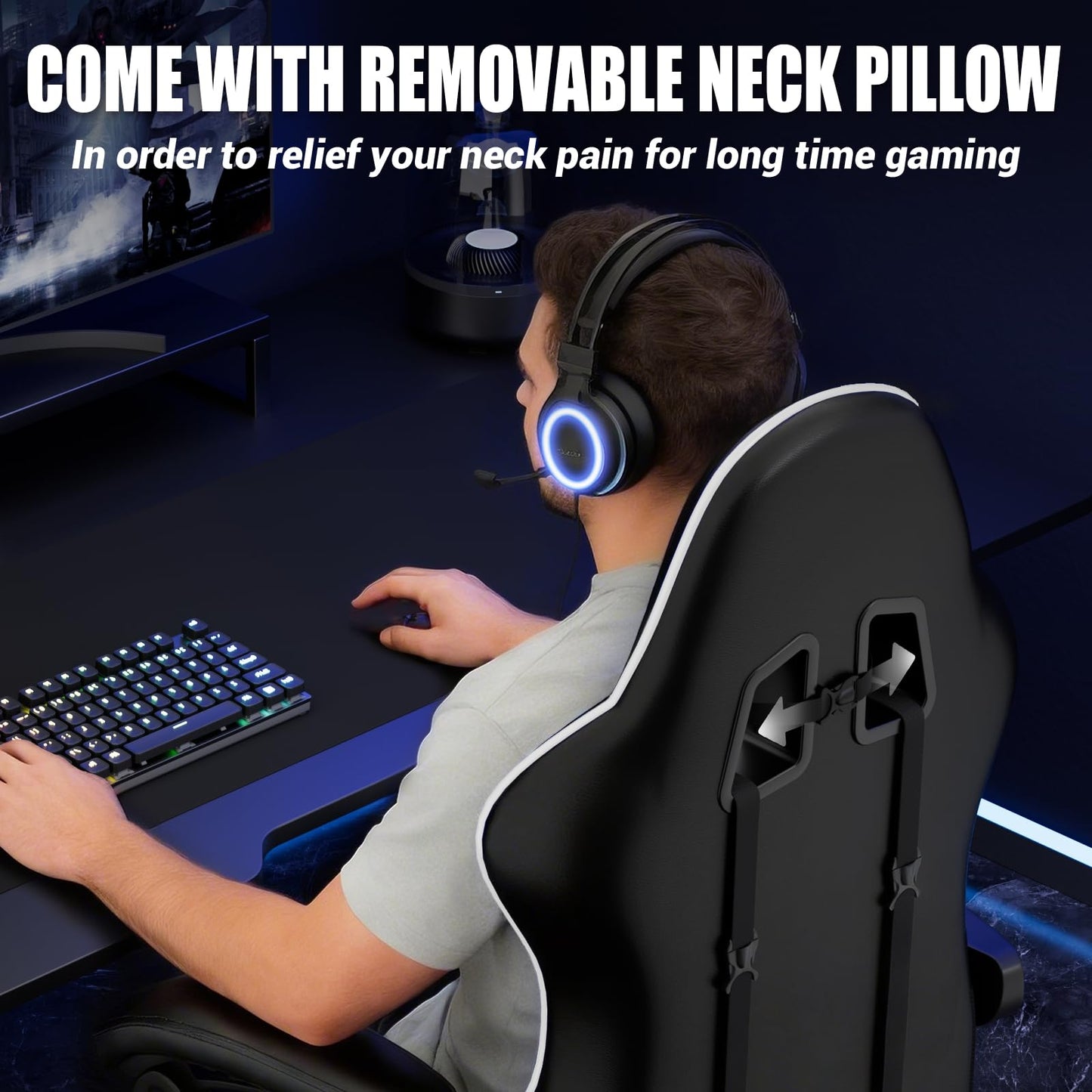 Czlolo Gaming Chair with Footrest Racing Style Lumbar Support Massager Video Game Chair with Metal Legs, High Back Reclining Gamer Chair with Headrest, 360° Swivel Office Computer Desk Chair (White)