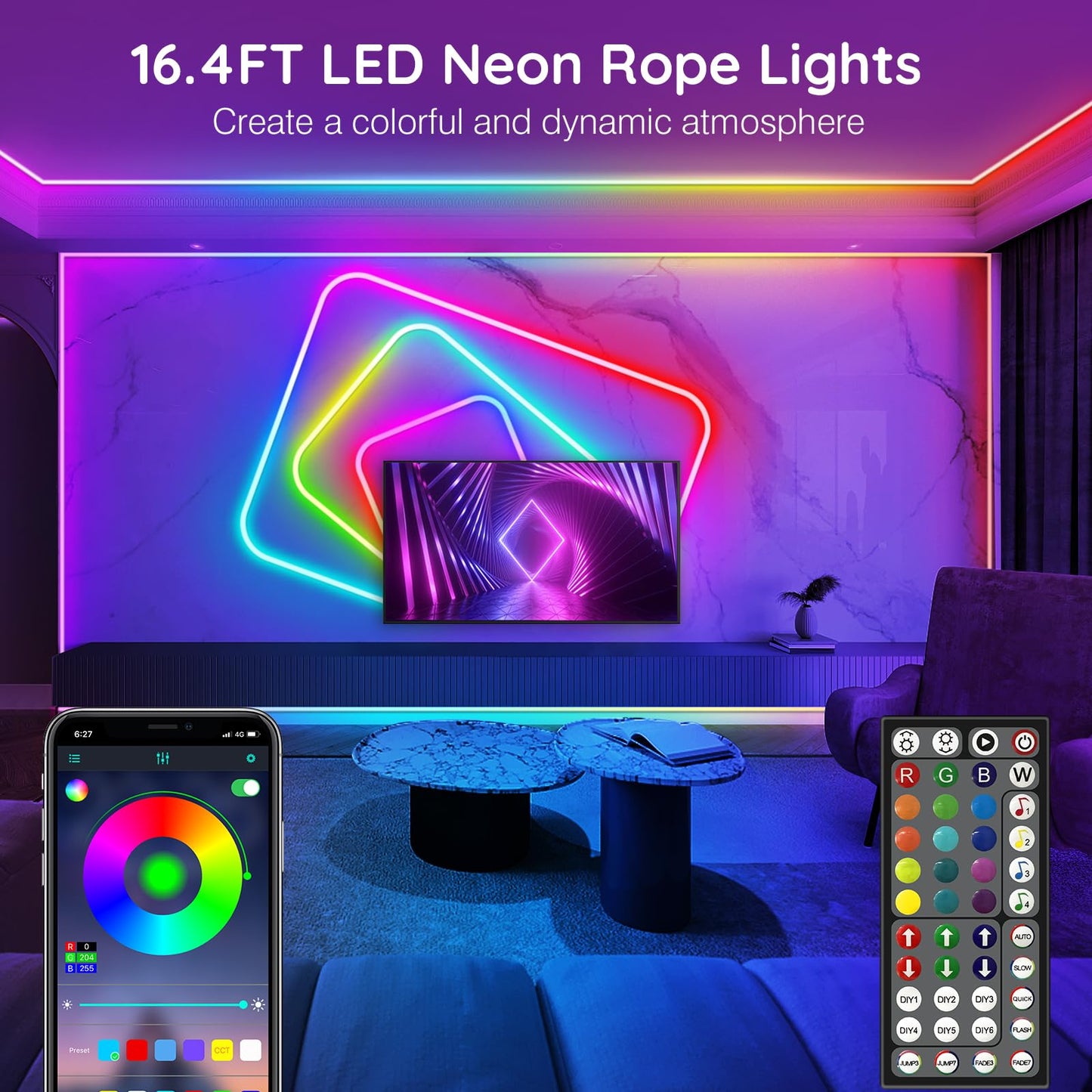 AILBTON 16.4Ft Neon Rope Lights,Flexible Led Rope Lights Control with App/Remote,Multiple Modes Rope Lights,IP65 Outdoor RGB Led Neons Lights,Music Sync Gaming Led Neon Light Strip for Bedroom Decor