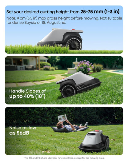 eufy E18 Robot Lawn Mower,Max 0.3 Acres,Wireless Robot Mower with Auto Mapping,Vision Navigation,Multi-Zone Management,Robotic Lawnmower with AI Obstacle Avoidance,APP Control,18°Slope,Cut Height1-3"