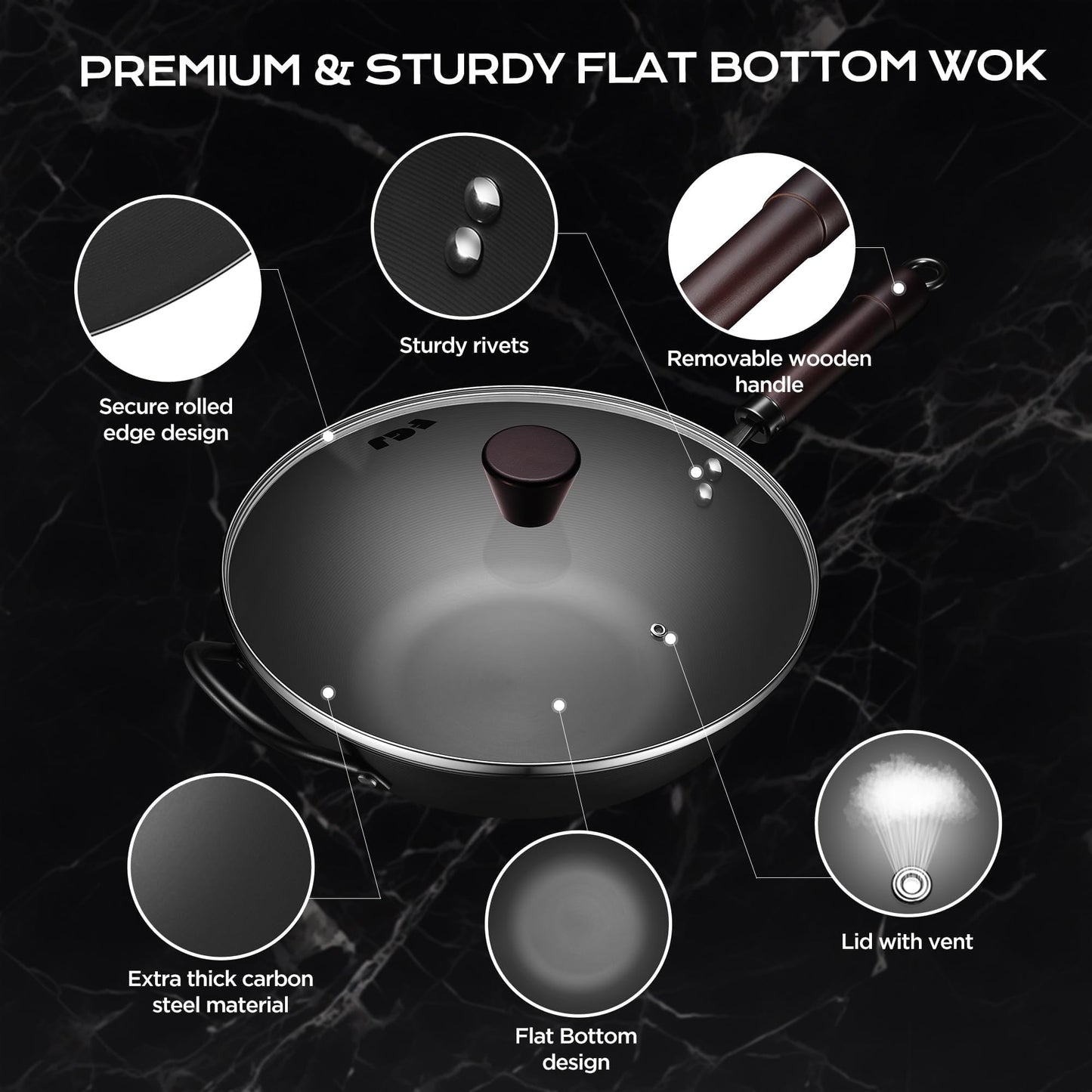 Wok, 13 Inch carbon steel woks & stir-fry pans nonstick, Pre-Seasoned 5.8QT Flat Bottom Chinese Wok Paella Pan with lid, Carbon Steel Cookware, Compatible with All Cooktops