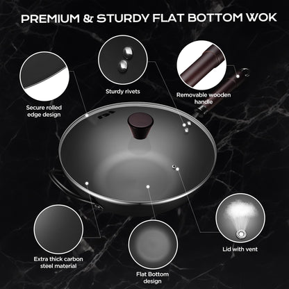 Wok, 13 Inch carbon steel woks & stir-fry pans nonstick, Pre-Seasoned 5.8QT Flat Bottom Chinese Wok Paella Pan with lid, Carbon Steel Cookware, Compatible with All Cooktops